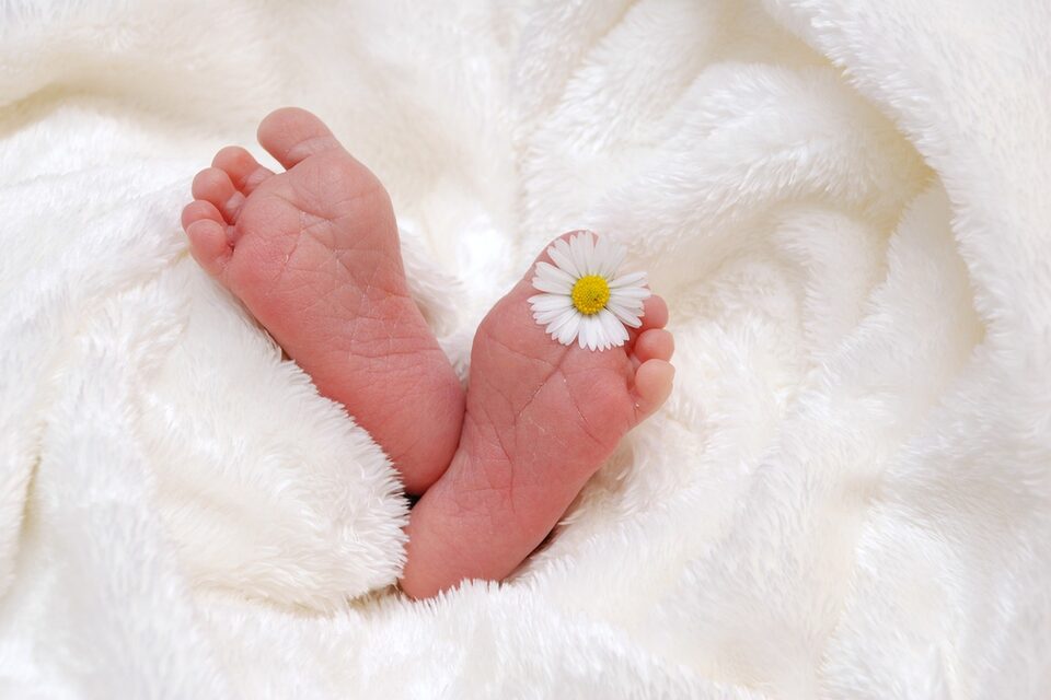 Babyfüße halten ein Gänseblümchen zwischen den Zehen. Um die Füße ist eine weiße Kuscheldecke gewickelt.