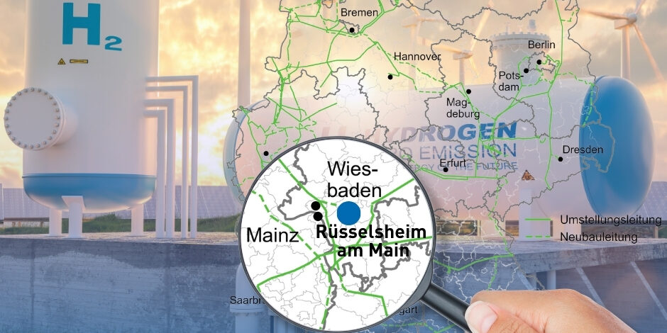 Position der Stadt Rüsselsheim am Main auf einer Landkarte, im Hintergrund ein Wasserstofftank