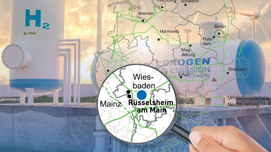 Position der Stadt Rüsselsheim am Main auf einer Landkarte, im Hintergrund ein Wasserstofftank