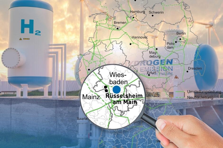 Position der Stadt Rüsselsheim am Main auf einer Landkarte, im Hintergrund ein Wasserstofftank