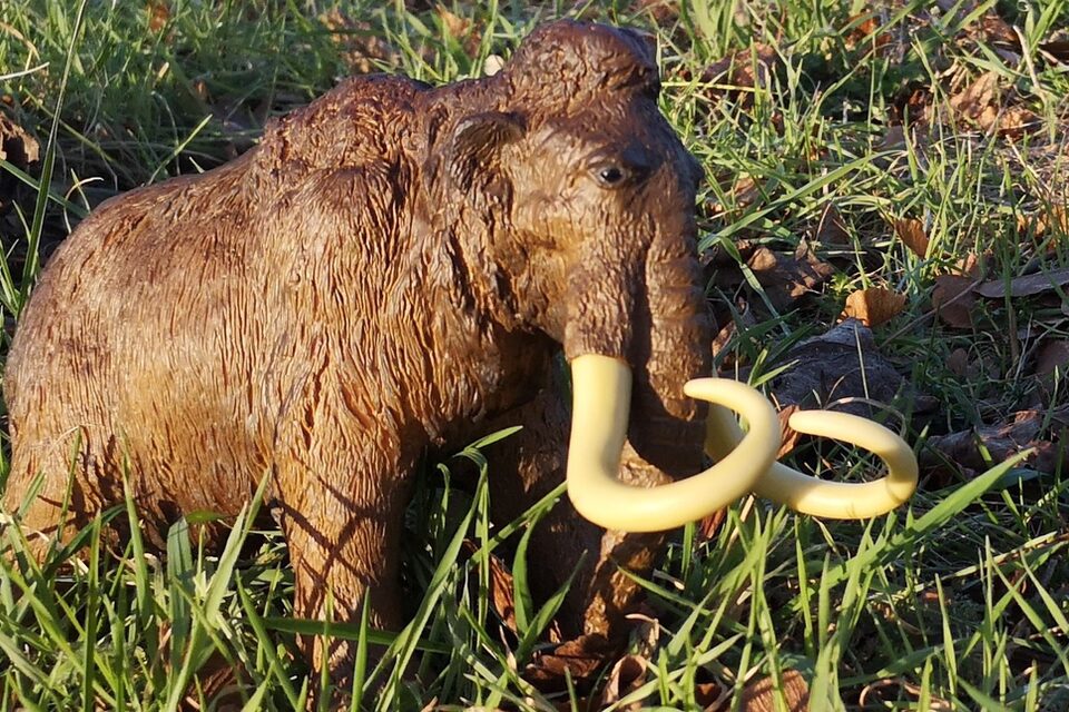 Ein Spielzeug-Mammut steht im Gras.