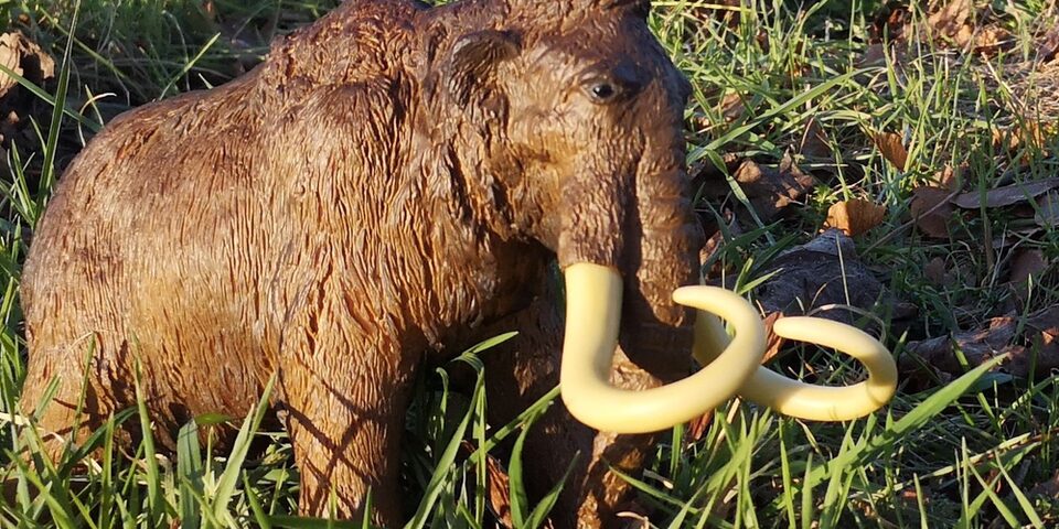 Ein Spielzeug-Mammut steht im Gras.