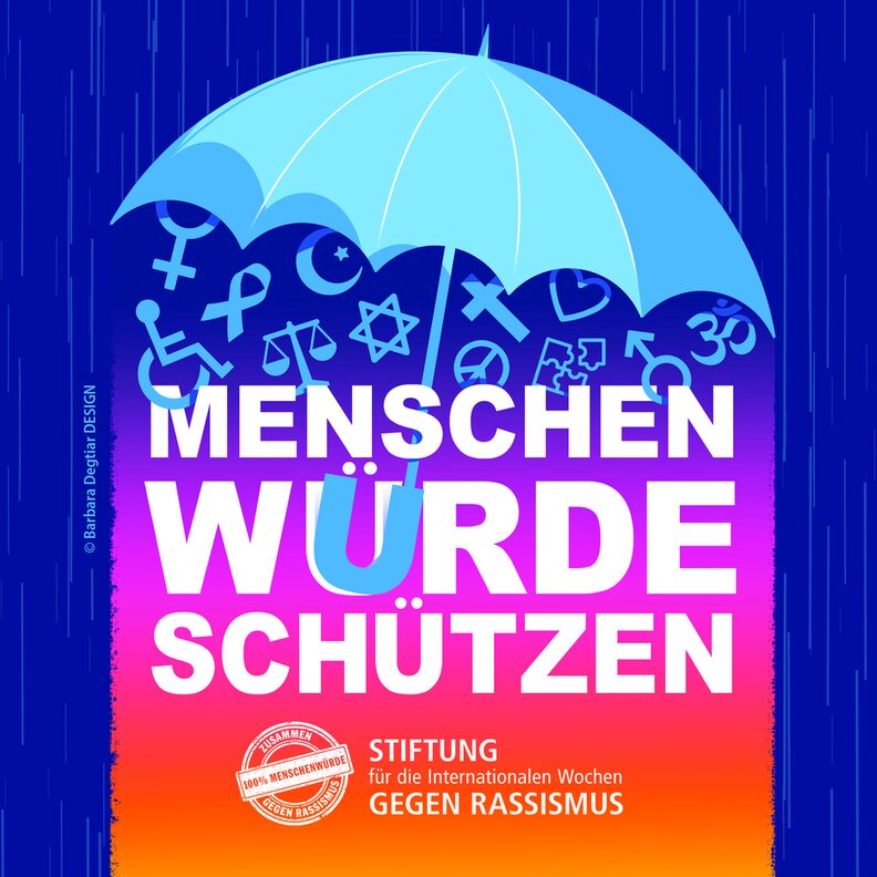 Logo der Stiftung für die Internationalen Wochen gegen Rassismus. Groß zu lesen ist "Menschenwürde schützen".