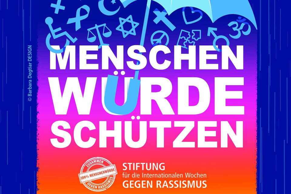 Logo der Stiftung für die Internationalen Wochen gegen Rassismus. Groß zu lesen ist "Menschenwürde schützen".