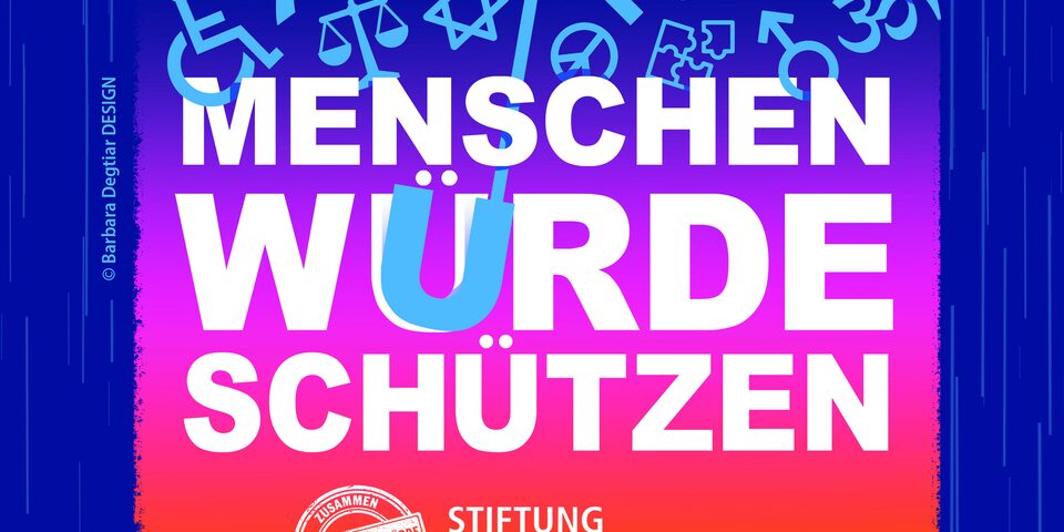 Logo der Stiftung für die Internationalen Wochen gegen Rassismus. Groß zu lesen ist "Menschenwürde schützen".