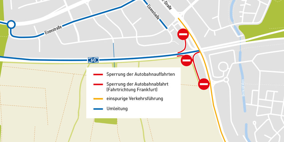 L3040: Karte mit eingezeichneten Sperrungen, Umleitung und der Verkehrsführung