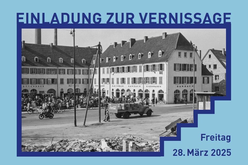 Einladung zur Vernissage mit historischer Ansicht von Rüsselsheim.