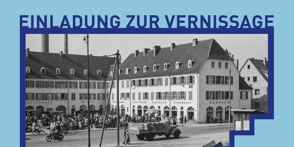 Einladung zur Vernissage mit historischer Ansicht von Rüsselsheim.