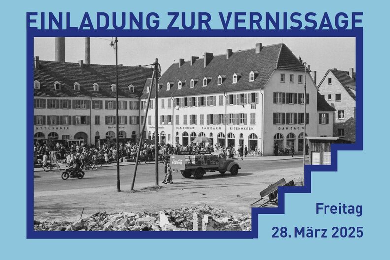 Einladung zur Vernissage mit historischer Ansicht von Rüsselsheim.