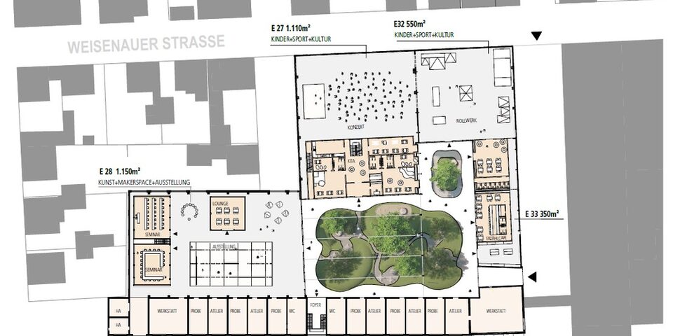 Visualisierung eines Bauplanes des E-Baus mit integriertem Garten, Rollwerk, Lounge, Seminarräumen etc.