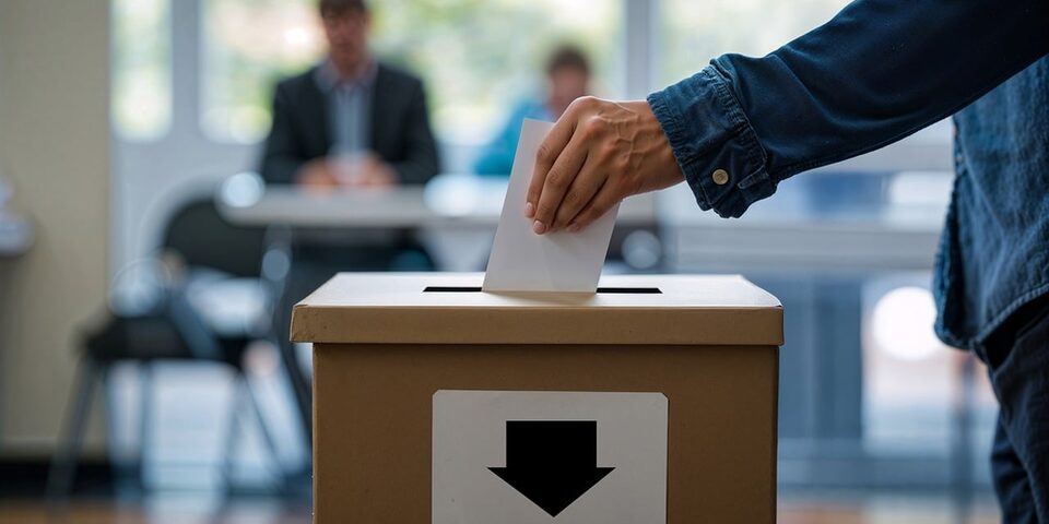 Wahlurne und eine Hand, die einen Zettel einwirft. Im Hintergrund verschwommen Personen, die an einem Tisch sitzen.