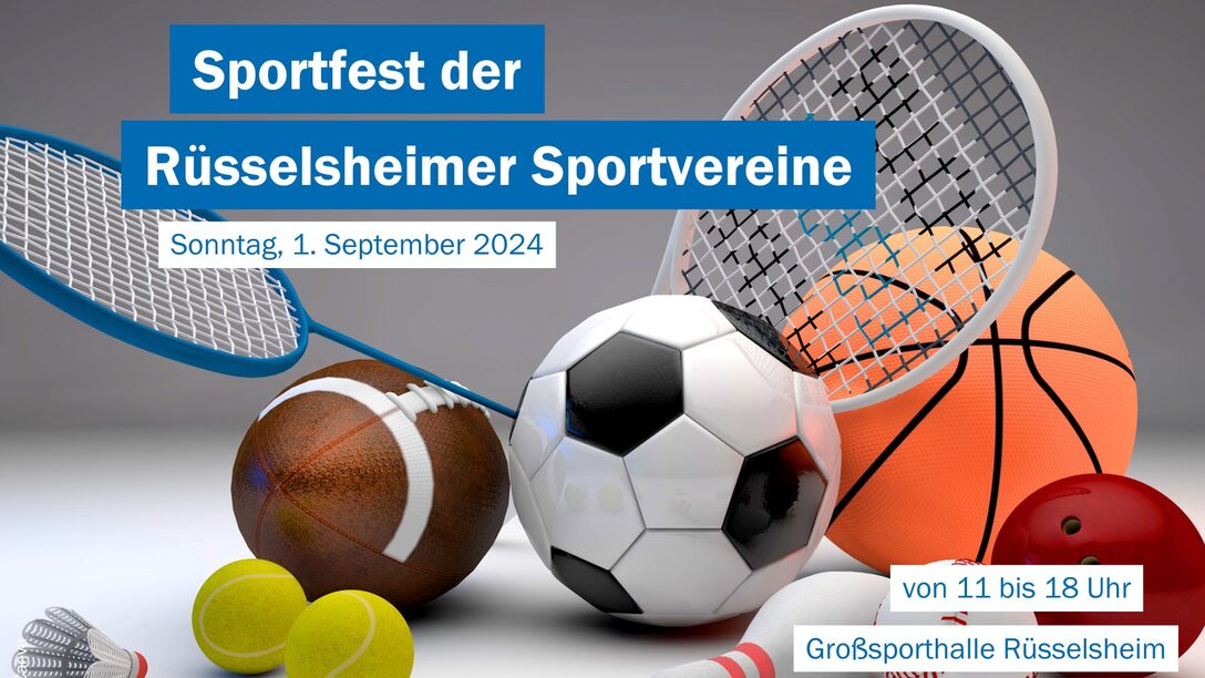 Animation verschiedener Sport-Utensilien: Tennisbälle, Football, Fußball, Baskeltball, Baseball, Kegel, Tennis- und Federballschläger, Federball.