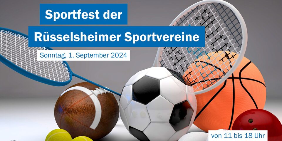 Animation verschiedener Sport-Utensilien: Tennisbälle, Football, Fußball, Baskeltball, Baseball, Kegel, Tennis- und Federballschläger, Federball.