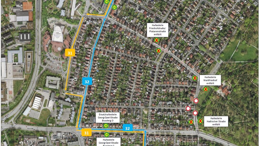 Karte der Busumleitungen 31/32 im Rahmen der Bauarbeiten