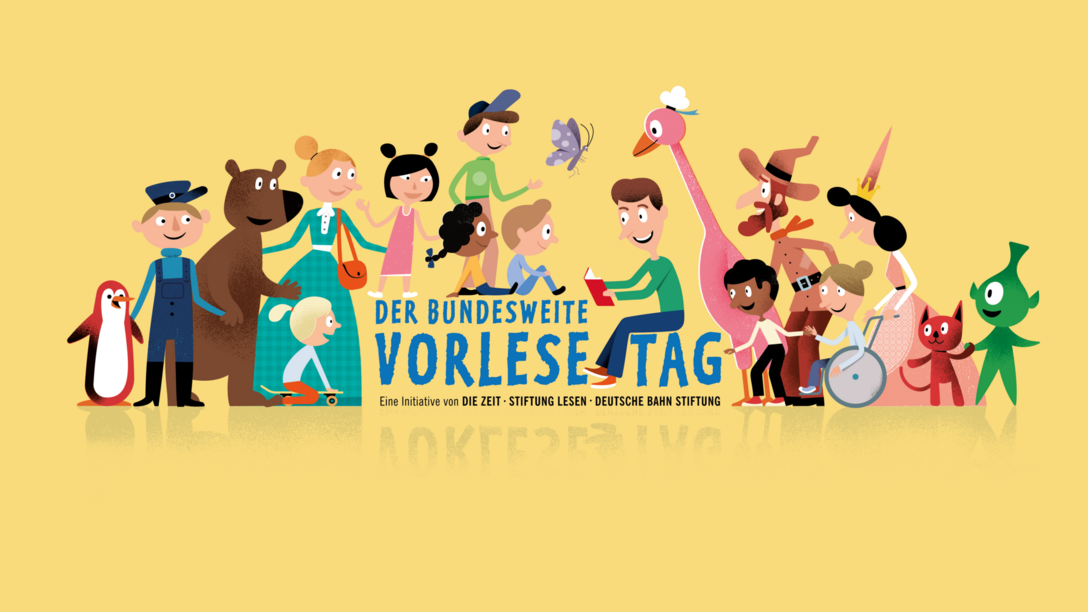 Eine Werbegrafik zum bundesweiten Vorlesetag. Die Grafik zeigt verschiedene Comic-Figuren, unter anderem einen Bären, einen Pinguin, Menschen beim Lesen und Kinder die zuhören.