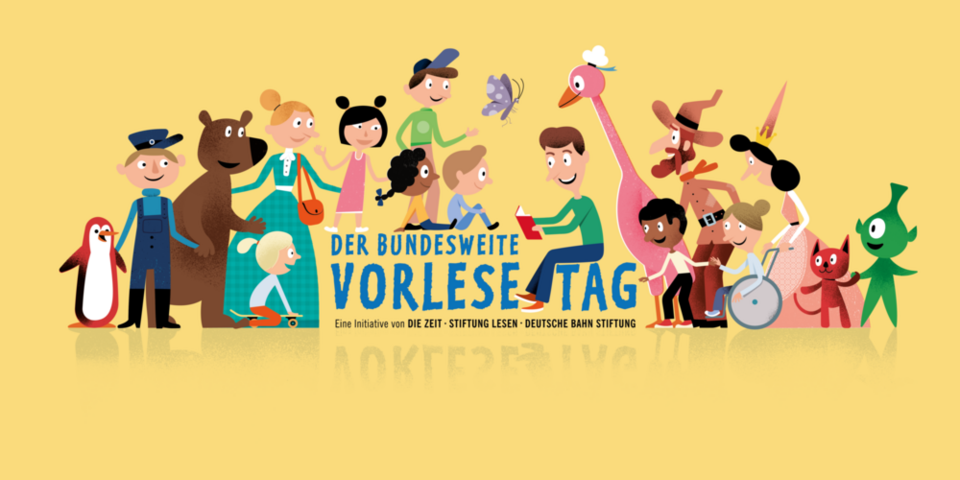 Eine Werbegrafik zum bundesweiten Vorlesetag. Die Grafik zeigt verschiedene Comic-Figuren, unter anderem einen Bären, einen Pinguin, Menschen beim Lesen und Kinder die zuhören.