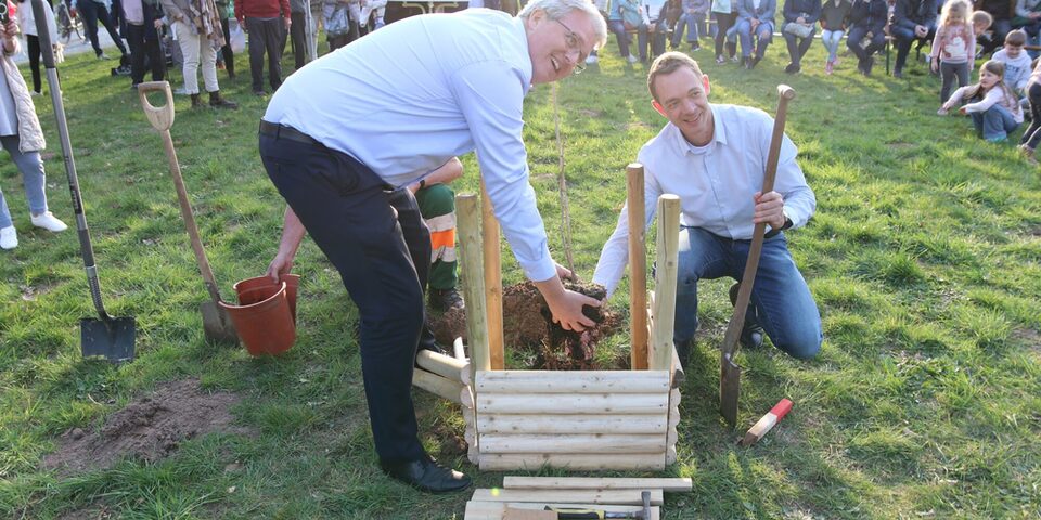 Im Vordergrund setzen Oberbürgermeister und Stadtrat den neuen Baum, im Hintergrund sieht man die Veranstaltung.