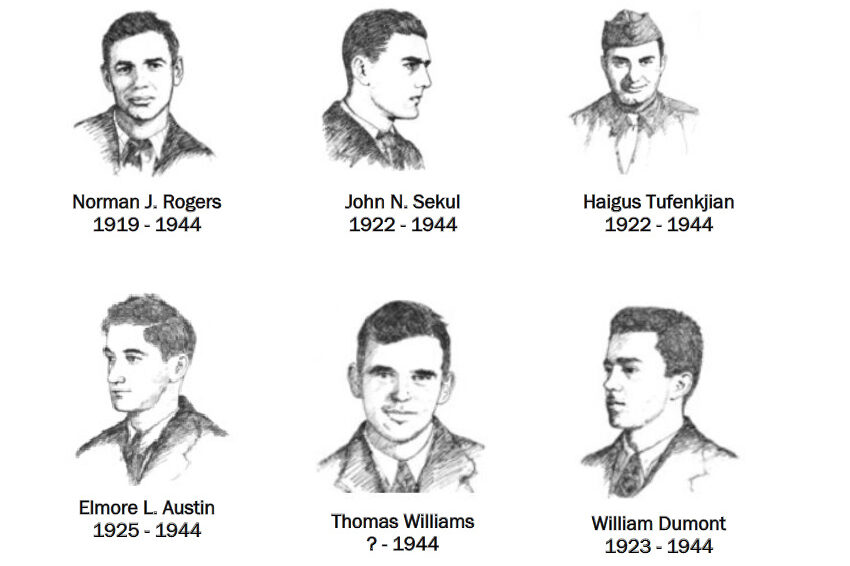 Porträtzeichnung der sechs US-amerikanischen Piloten, die in Rüsselsheim ermordet wurden