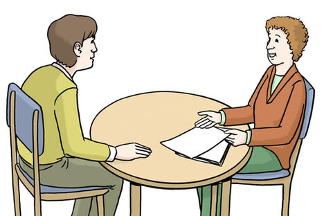 Grafik: Zwei Menschen an einem Tisch. Vor Ihnen liegt ein Zettel, eine Person spricht.