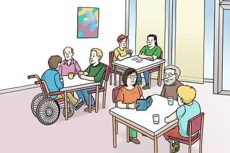 Grafik: Ältere Menschen sitzen in drei Gruppen an unterschiedlichen Tischen in einem Freizeitraum. Vor Ihnen stehen Getränke.