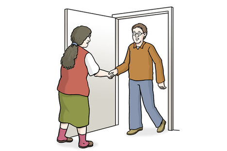 Grafik: Ältere Frau macht Mann die Tür auf, sie begrüßen sich mit Handschlag
