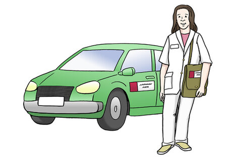Grafik: Frau in weißer Arbeistkleidung steht neben einem grünen Auto. Sie hält eine Tasche in der Hand.