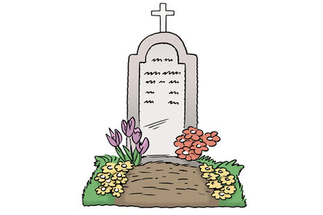 Grafik: Grabstein und Erdgrab mit Blumen