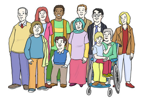 Grafik: Gruppe unterschiedlicher Menschen mit und ohne Behinderungen, unterschiedlicher Ethnien, unterschiedlichen Alters.