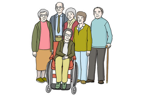 Grafik: Gruppe von Seniorinnen und Senioren stehen zusammen, im Vordergrund eine Frau im Rollstuhl.