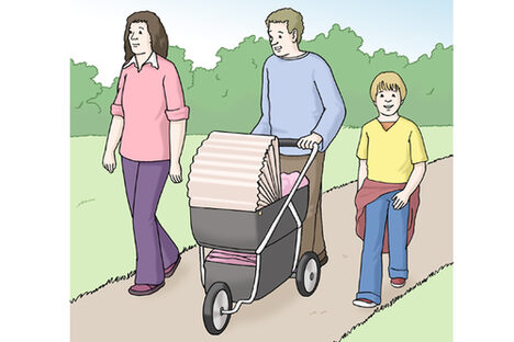 Grafik: Familie geht Spazieren, Mann schiebt einen Kinderwagen