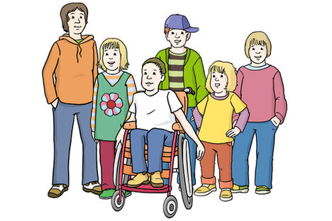 Grafik: Gruppe aus sechs Kindern und Jugendlichen unterschiedlichen Alters, ein Kind sitzt im Rollstuhl.