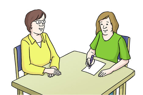 Grafik: Zwei Frauen sitzen an einem Tisch, eine Frau schreibt etwas auf einen Zettel.