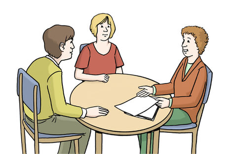 Grafik: Drei Personen sitzen an einem runden Tisch, eine Frau hat einen Zettel vor sich liegen.