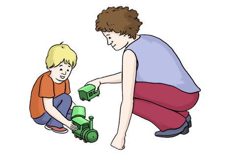 Grafik: Frau und kleiner Junge spielen zusammen mit einer Spielzeug-Lok