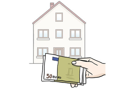 Grafik: Hand hält Geldscheine, im Hintergrund ist ein Haus zu sehen.
