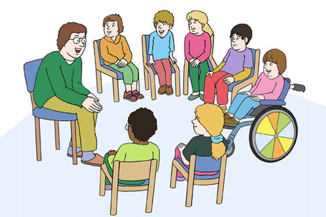 Grafik: Sieben Kinder und ein Mann sitzen auf Stühlen in einem Kreis, ein Kind sitzt im Rollstuhl.