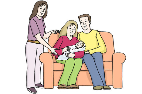 Grafik: Eine Frau steht neben einer Familie mit Baby und reicht ihre Hand.