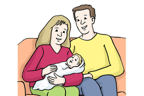 Grafik: Frau mit Baby im Arm sitzt neben Mann, der sich an sie lehnt