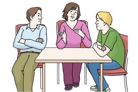 Grafik: Drei Personen an einem Tisch, zwei Männer sehen verärgert aus und wenden sich voneinander ab. Eine Frau in der Mitte schlichtet.
