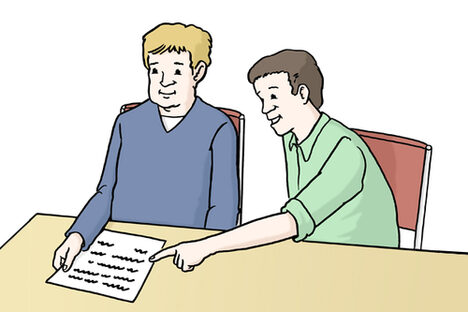 Grafik: Zwei Männer sitzen an einem Tisch. Ein Mann deutet auf einen Zettel und redet mit dem anderen Mann.