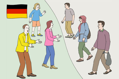 Grafik: Eine Gruppe Menschen steht mit offenen Armen auf einem grünen Feld, über ihnen ist die Deutschlandfahne abgebildet. Eine andere Gruppe läuft von einem grauen Feld auf das grüne Feld zu, darunter eine Frau mit Kopftuch.