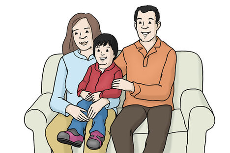 Grafik: Frau mit Kind auf dem Schoß sitzt neben Mann auf einem grauen Sofa.