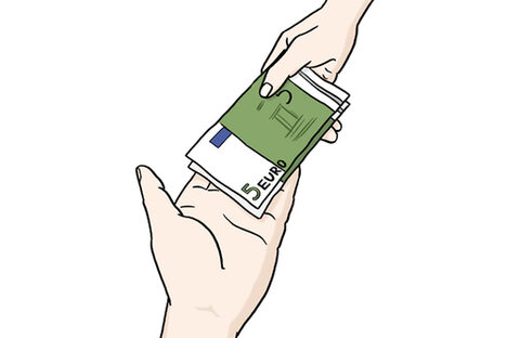 Grafik: Eine Hand übergibt einer anderen Hand Geldscheine.