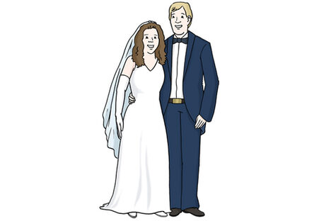 Grafik: Frau in Hochzeitskleid und Mann im Anzug stehen zusammen Arm in Arm