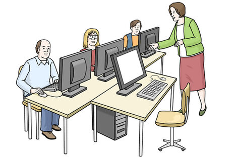 Grafik: Drei Menschen sitzen vor Computer Bildschirmen, eine Frau steht und erklärt.