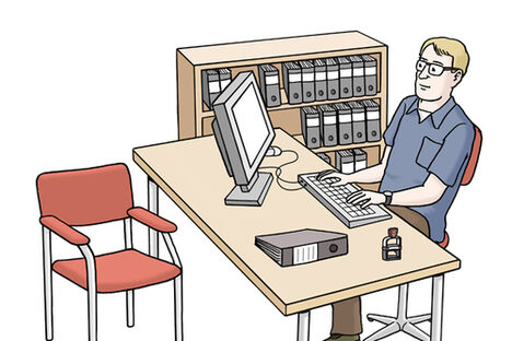 Grafik: Mann sitzt an Schreibtisch mit Computer, gegenüber steht ein leerer Stuhl, im Hintergrund ein Regal mit Aktenordnern