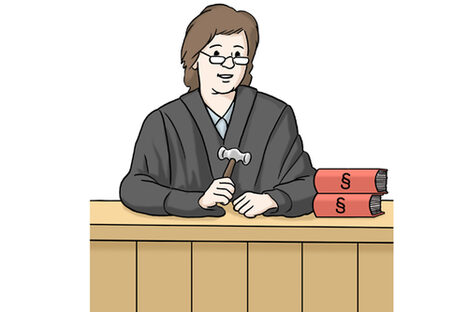 Grafik: Frau sitzt auf dem Richterpult in Richterobe mit Hammer, neben ihr liegen Gesetzbüchern