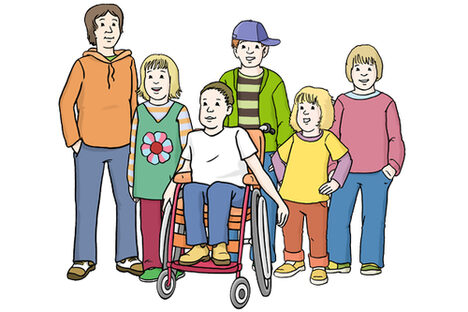 Grafik: Gruppe von Kindern, ein Kind sitzt im Rollstuhl