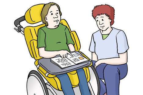 Grafik: Eine Person im Rollstuhl zeigt auf ein Buch, daneben hockt eine weitere Person