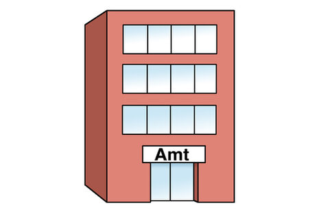 Grafik: Rotes Gebäude mit Eingangsschild Amt